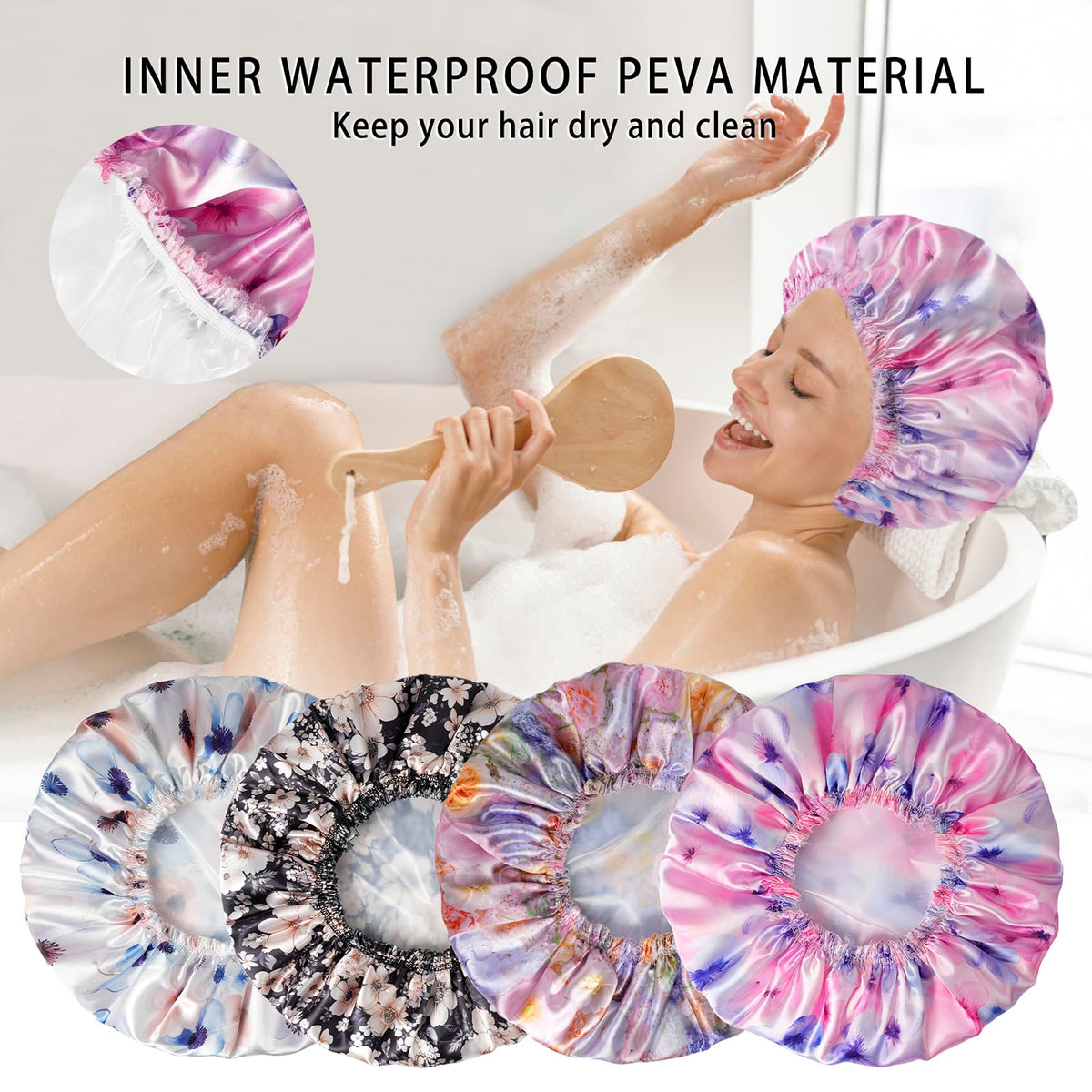 CHFONG Shower Caps - flat lay of all four patterns