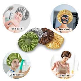 CHFONG shower caps in different colours on a bathroom shelf
