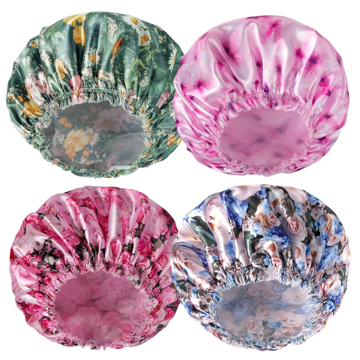 CHFONG Shower Caps set front view with four colourful designs