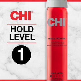 CHI Infra Texture Dual Hair Spray 2.6 Oz on a vanity