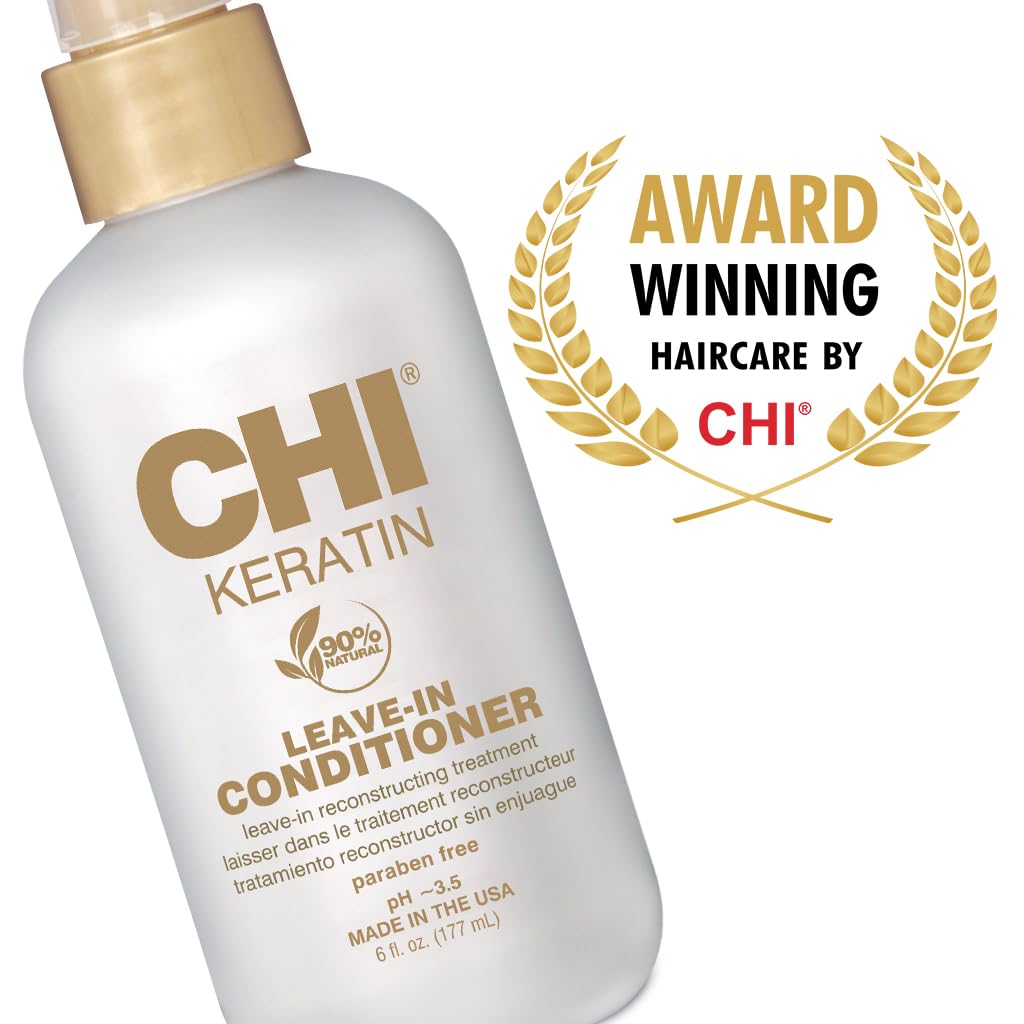 CHI Keratin Leave-in Conditioner 6 Oz on a bathroom shelf
