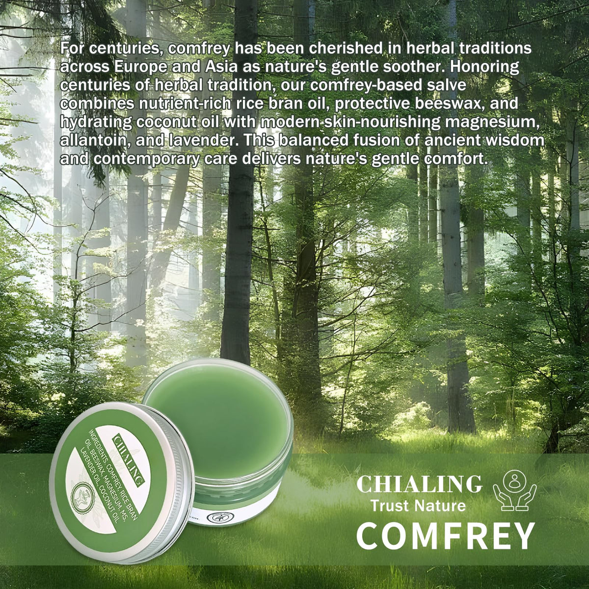 Chialing Comfrey Salve 3.5oz back view showcasing ingredients