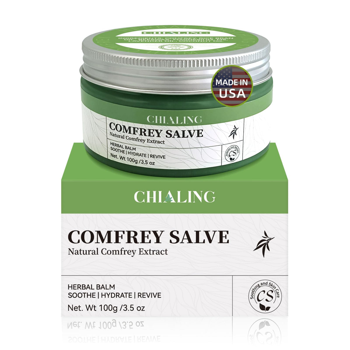 Chialing Comfrey Salve 3.5oz front view with herbal ingredients