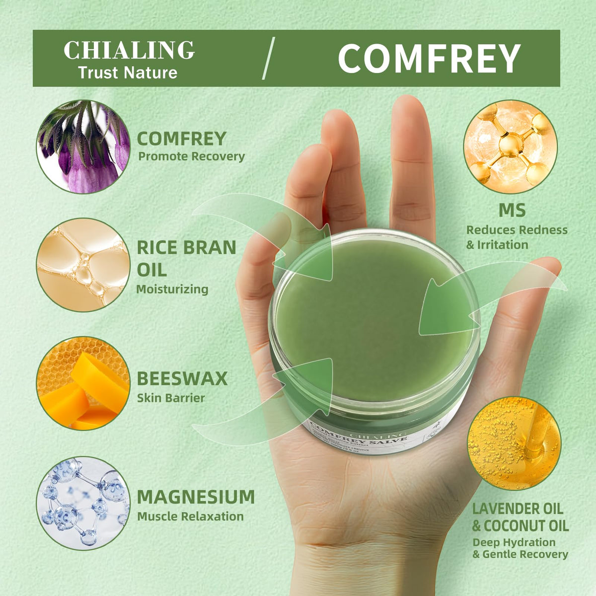 Chialing Comfrey Salve 3.5oz lifestyle scene with hands applying balm