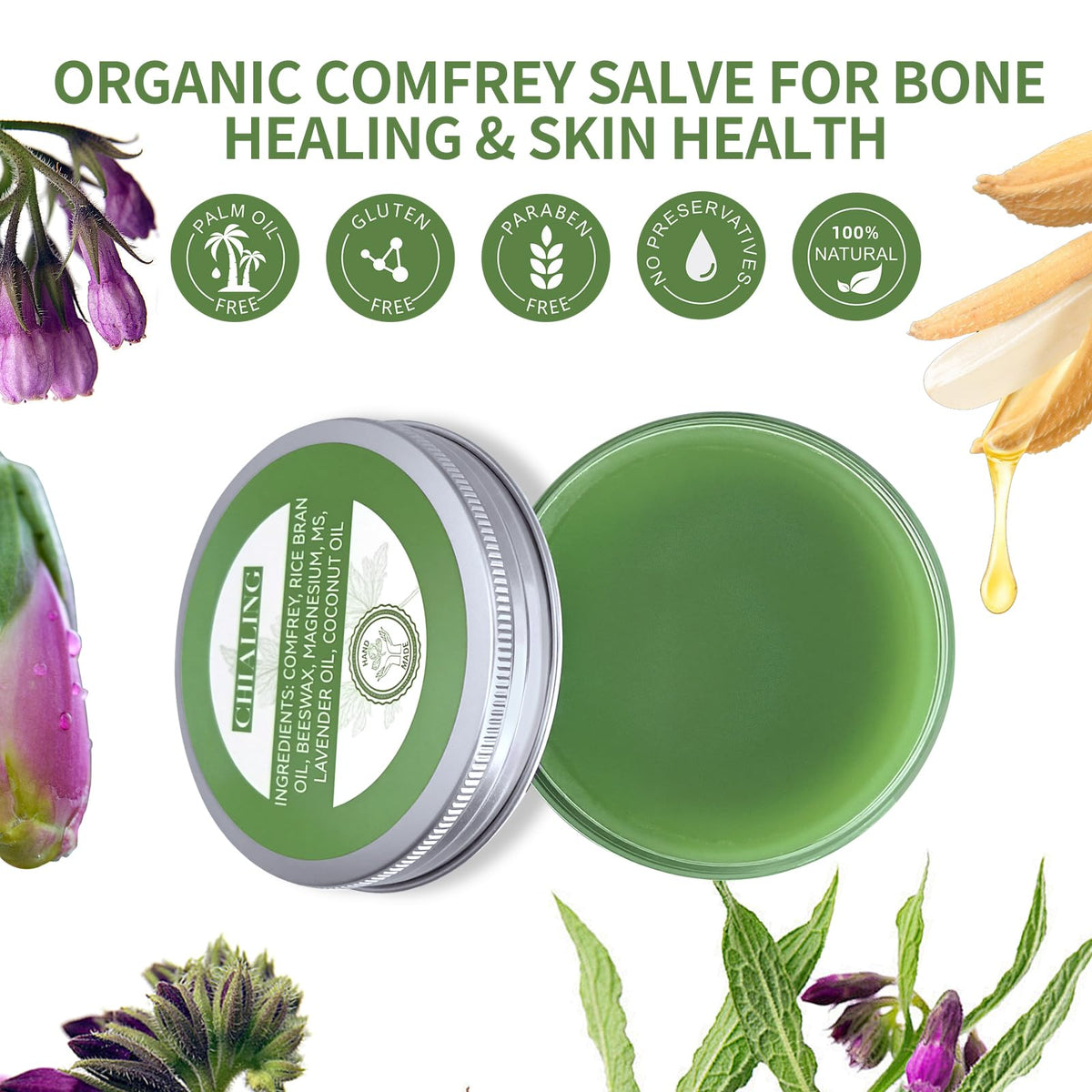 Chialing Comfrey Salve 3.5oz on a wooden table with lavender flowers