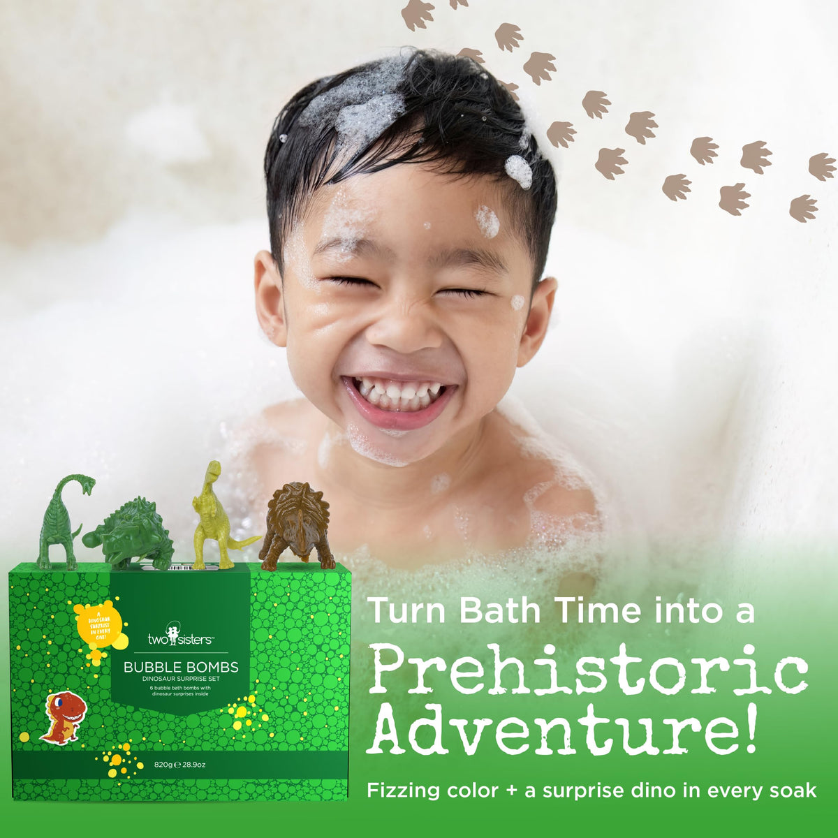 Child enjoying a bath with Dinosaur Bath Bombs