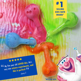 Child enjoying bath time with Mr. Bubble potions