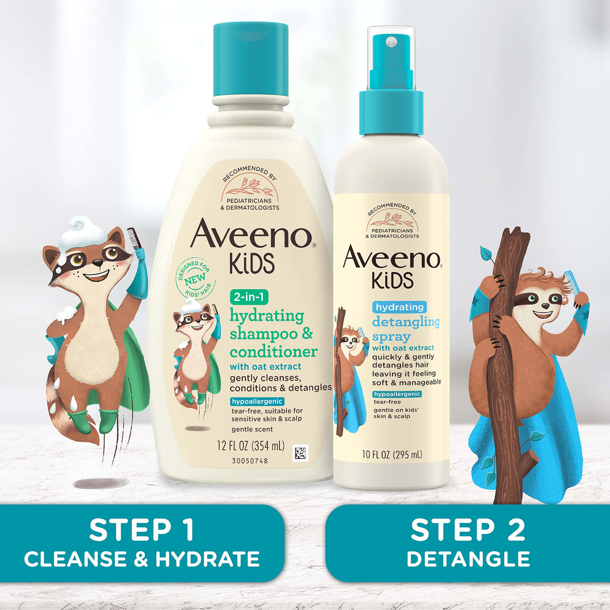 Child having hair detangled with Aveeno Kids Spray