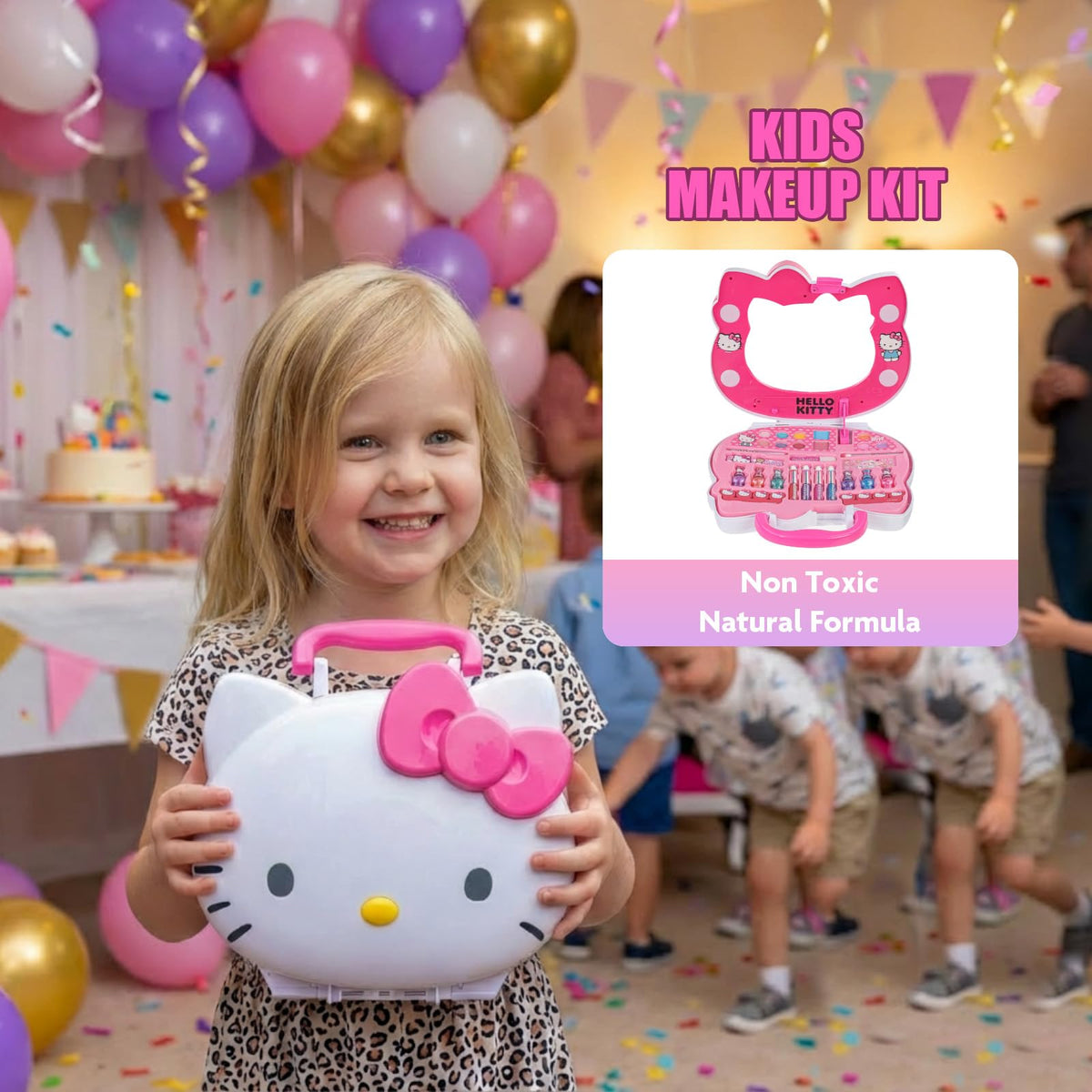 Child using Townley Girl Hello Kitty makeup set at a slumber party