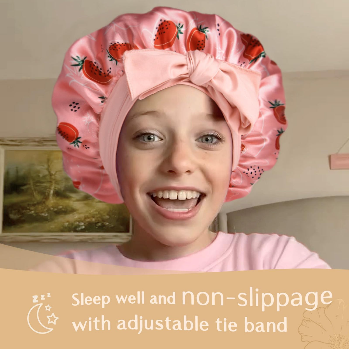 Child wearing YANIBEST satin bonnet while sleeping