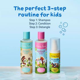 Childs Farm Kids Shampoo with fresh strawberries and mint leaves