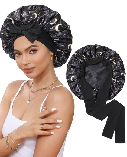 CHLINS Double Layer Satin Bonnet front view in black