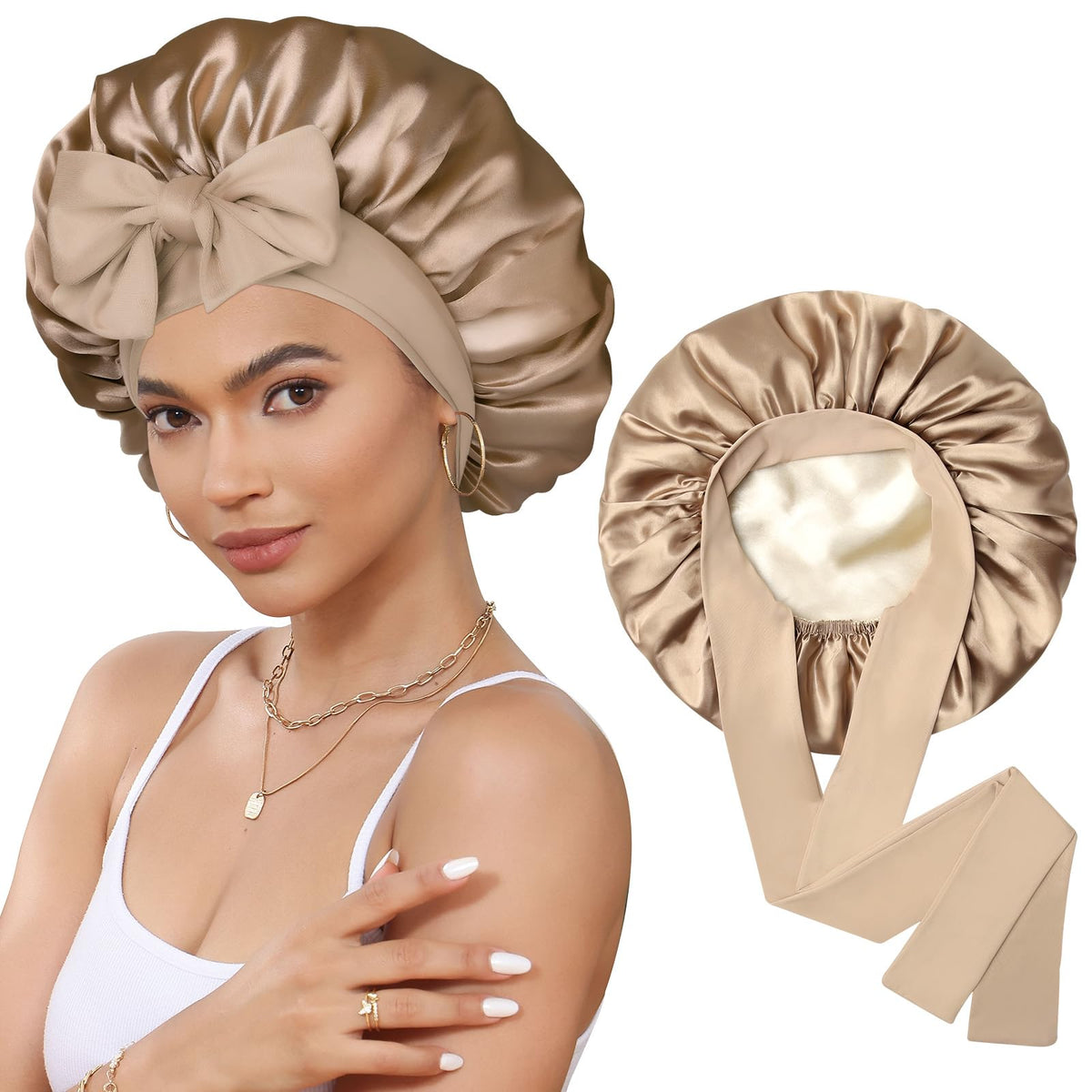 CHLINS Double Layer Satin Bonnet front view in black