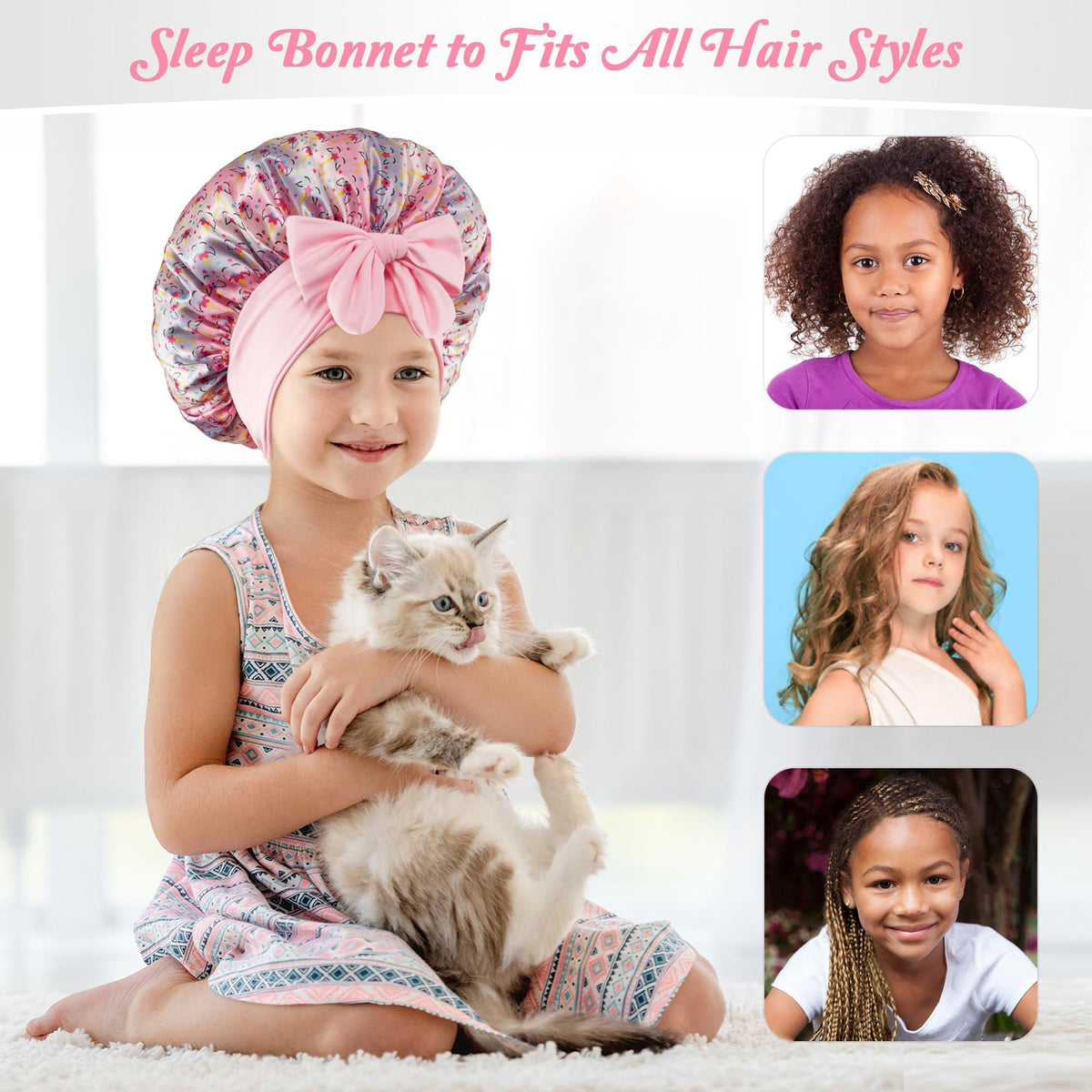 choshion Kids Satin Bonnet showing adjustable tie feature