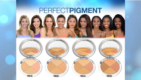 Christina Cosmetics Perfect Pigment 2 Compact with a brush and setting spray on a vanity