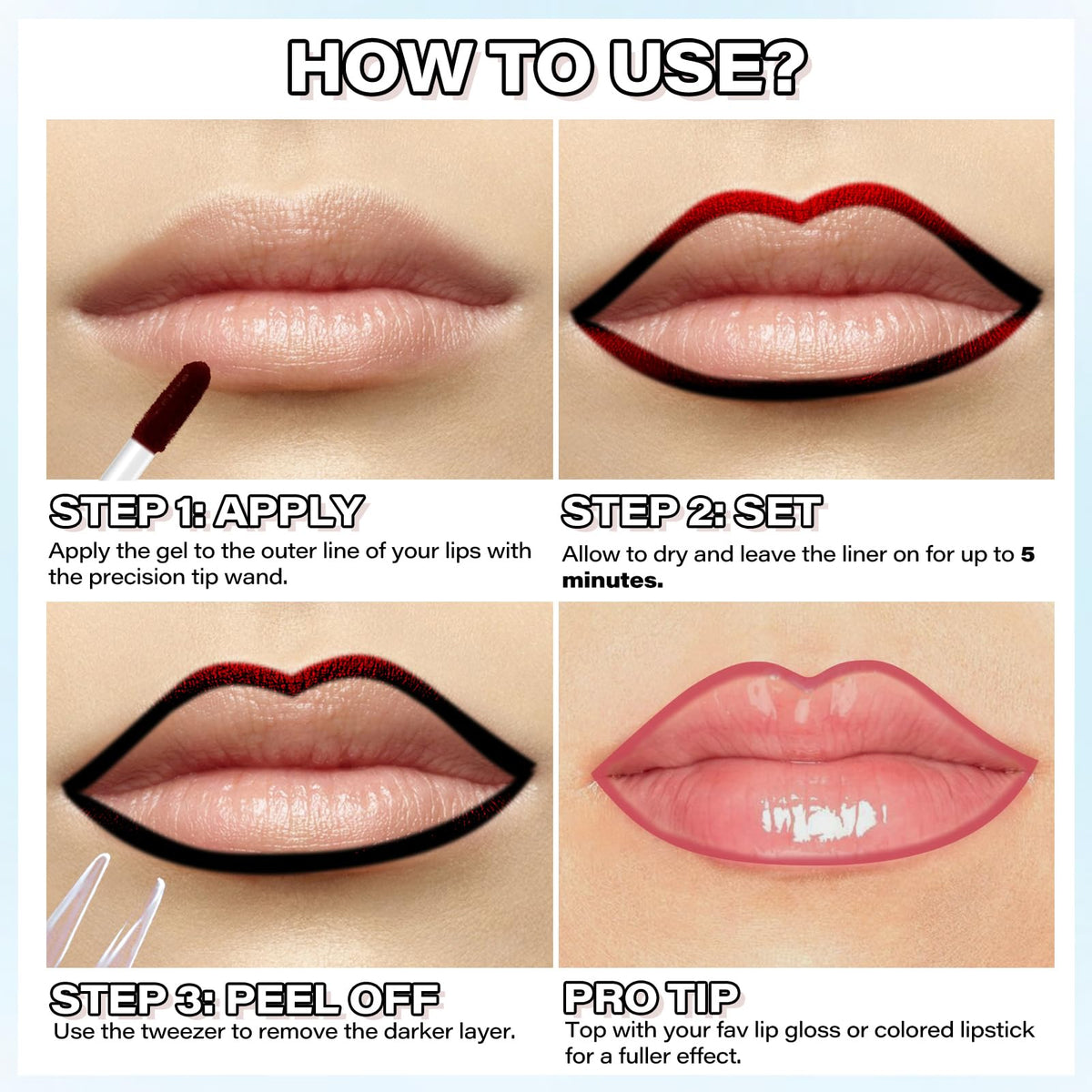 Cilrofelr Peel Off Lip Liner Stain Rose in use on lips