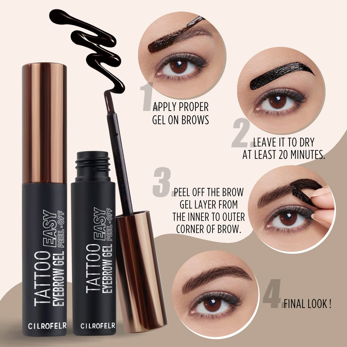 Cilrofelr Tattoo Peel Off Eyebrow Gel warm brown shade comparison