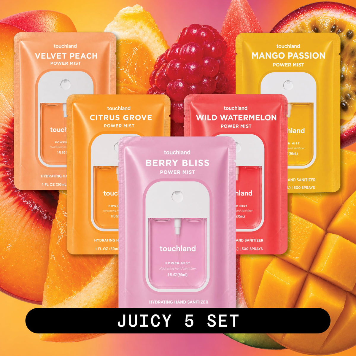 Citrus Grove scent from Touchland Juicy 5 Hand Sanitizer Spray Set