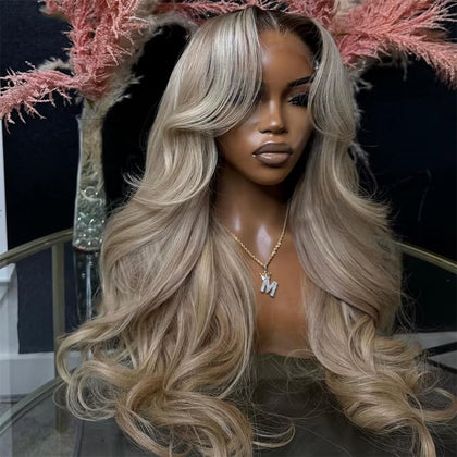 CIYOO Ombre Brown Roots Ash Blonde Wig front view