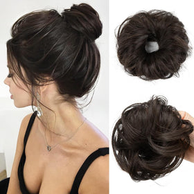 CJL HAIR 2PCs Small Cute Messy Bun Hair Piece front view in dark brown