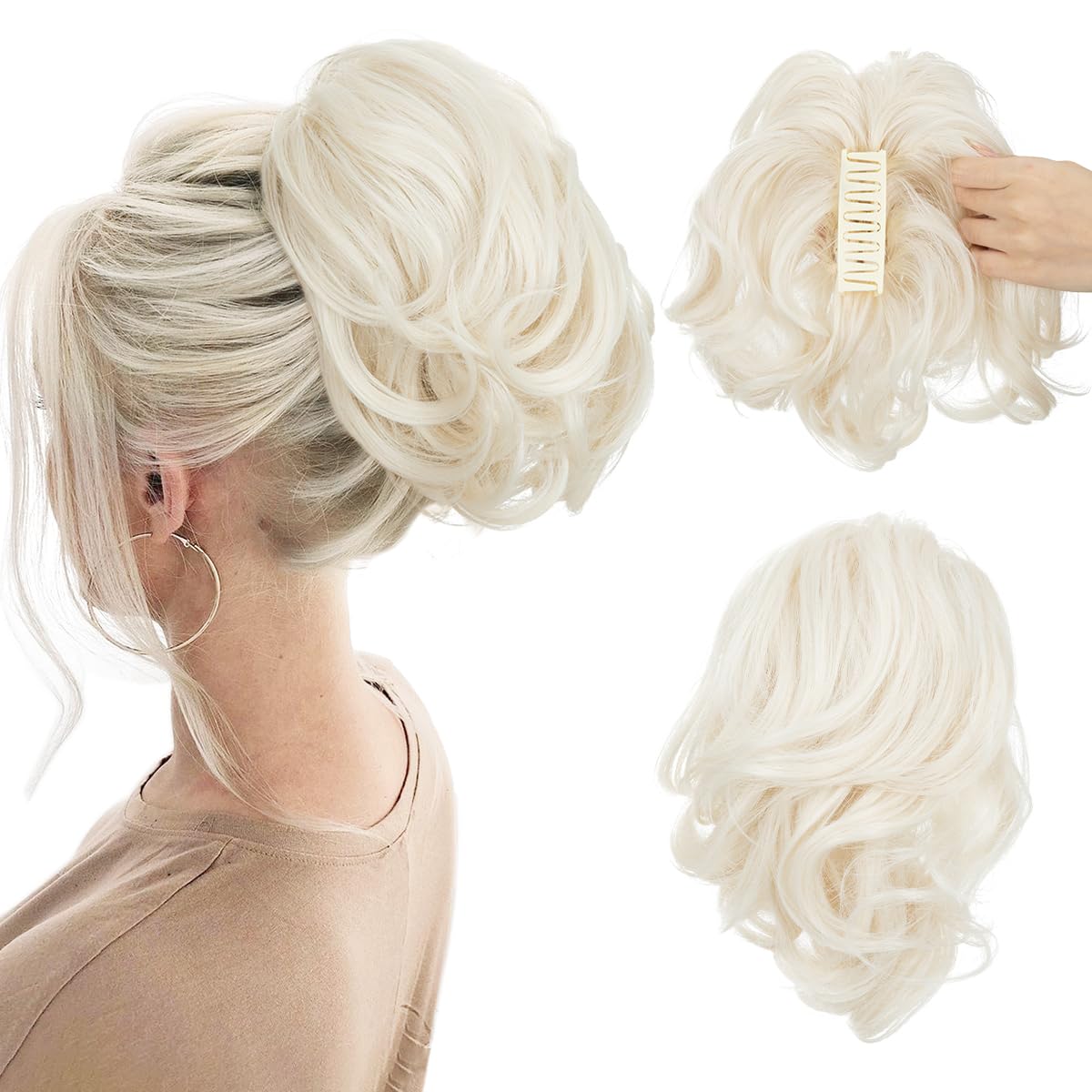 CJL HAIR claw clip ponytail extensions in platinum blonde front view
