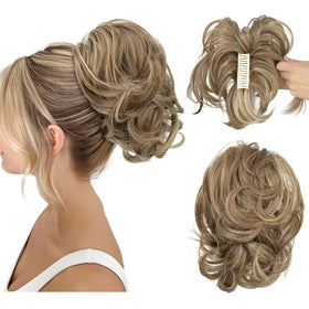 CJL HAIR Claw Clip Short Ponytail Hair Extensions front view in Beige Multi