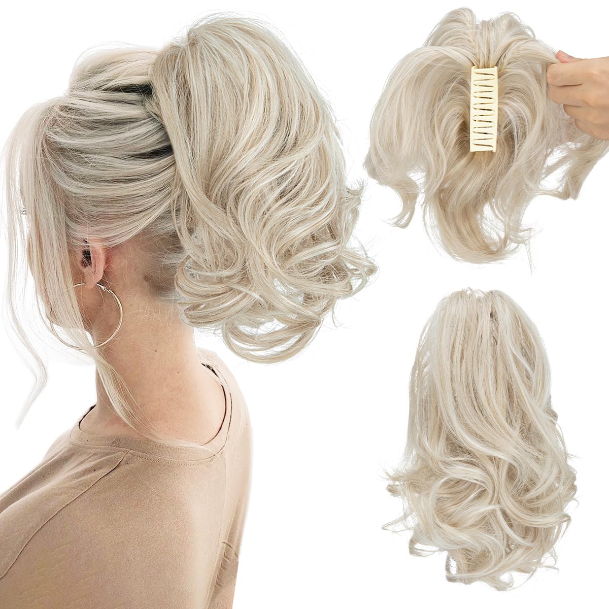 CJL HAIR Claw Clip Short Ponytail Hair Extensions front view in cold blonde