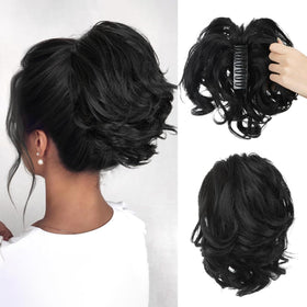 CJL HAIR Claw Clip Short Ponytail Hair Extensions in Jet Black front view