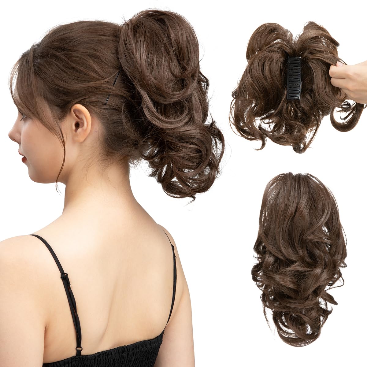 CJL HAIR Claw Clip Short Ponytail Hair Extensions in Medium Brown front view