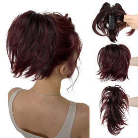 CJL HAIR Claw Clip Short Ponytail Hair Extensions Wine Red front view