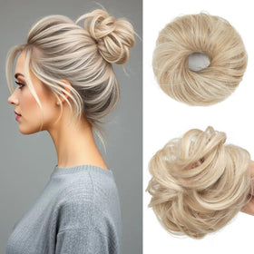 CJL HAIR Small Cute Messy Bun Hair Piece front view in cream blonde