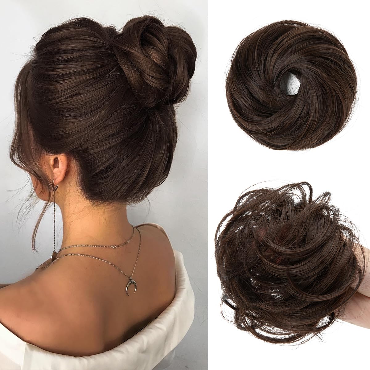 CJL HAIR Small Cute Messy Bun Hair Piece front view in Dark Chocolate