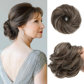 CJL HAIR Small Cute Messy Bun Hair Piece front view in Pepper Brown