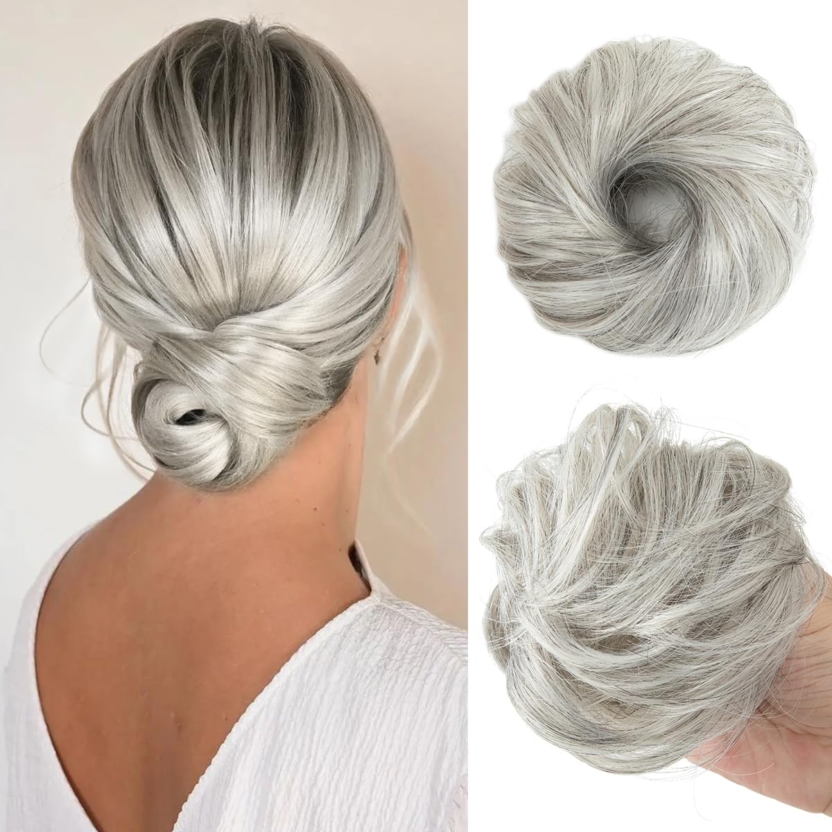 CJL HAIR Small Cute Messy Bun Hair Piece in Grey Multi front view