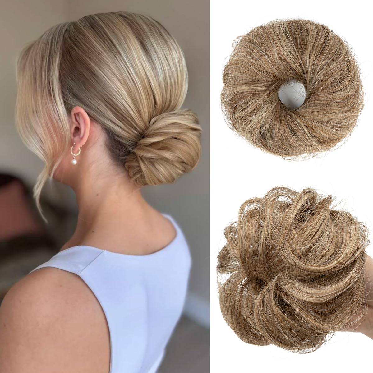 CJL HAIR Small Cute Messy Bun Hair Piece in Sand colour front view