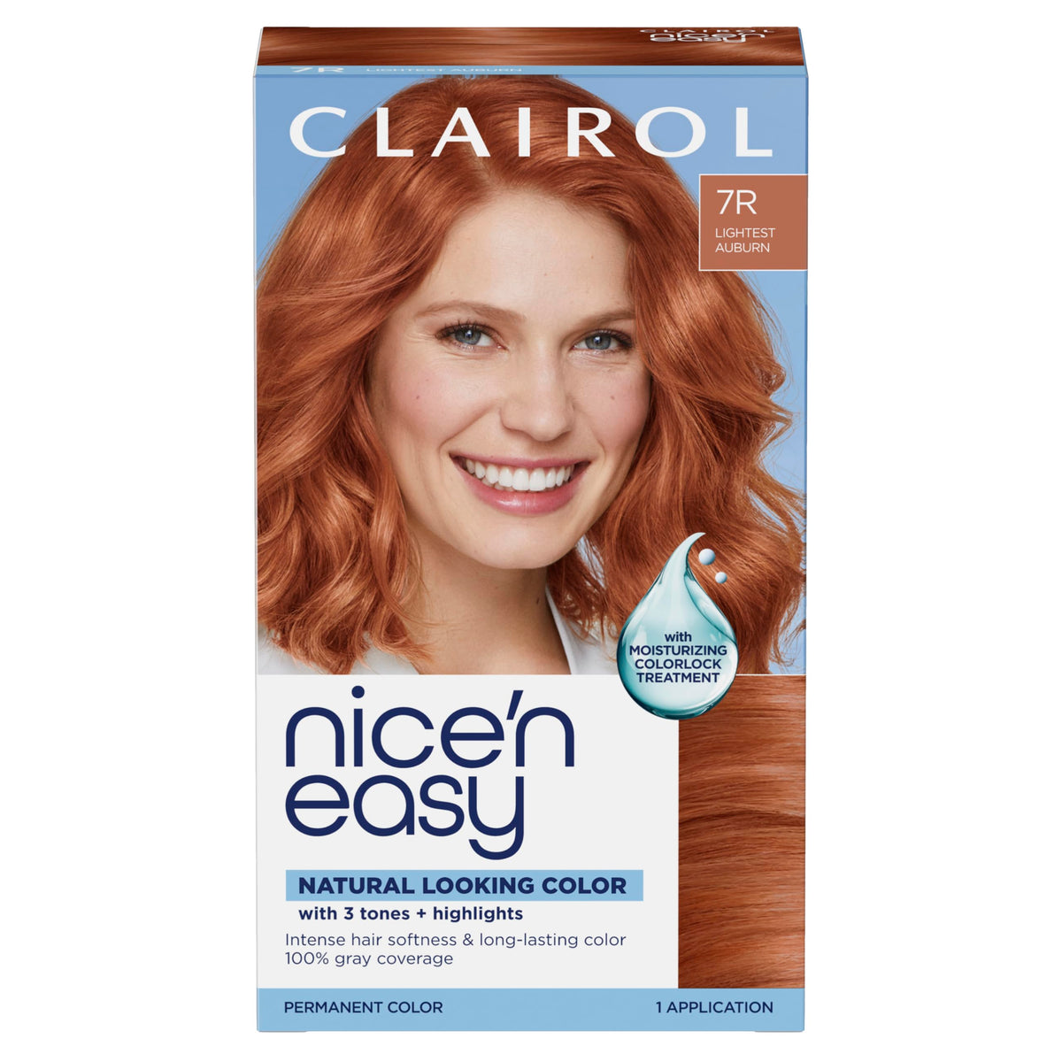 Clairol Nice'n Easy 7R Lighest Auburn hair dye packaging front view
