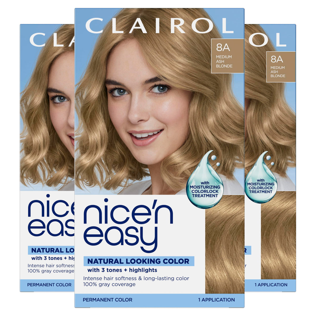 Clairol Nice'n Easy 8A Medium Ash Blonde hair dye pack front view