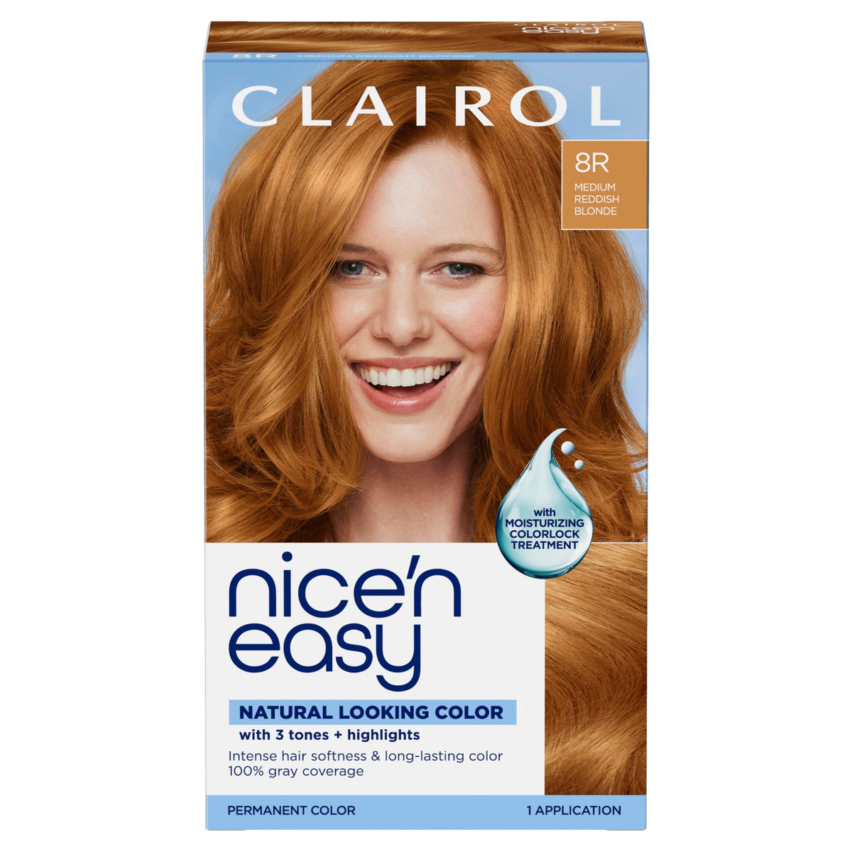 Clairol Nice'n Easy 8R Medium Reddish Blonde hair dye kit front view