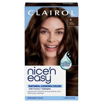 Clairol Nice'n Easy Permanent Hair Dye 4 Dark Brown front packaging view