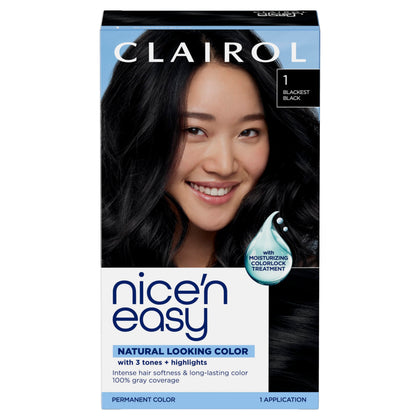 Clairol Nice'n Easy Permanent Hair Dye Blackest Black packaging front view