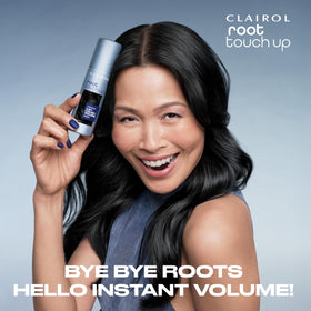 Clairol Root Touch-Up Color + Volume Temporary Spray, Medium Brown in a bathroom setting