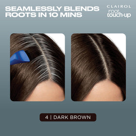 Clairol Root Touch Up Permanent Hair Dye 4 Dark Brown swatch on hair