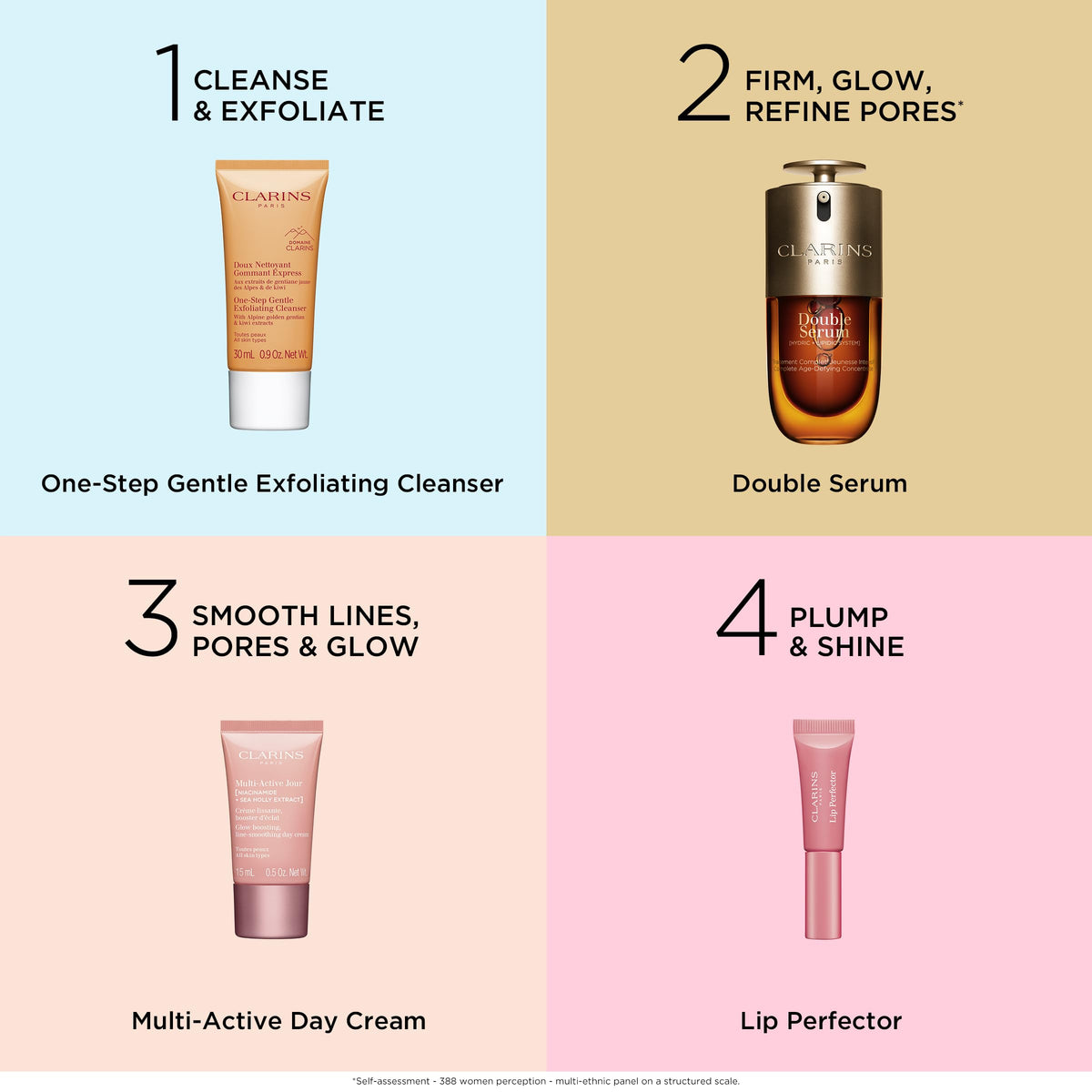 CLARINS Smooth and Glow skincare products arranged on a counter