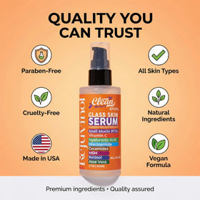 Clean Beauty Snail Mucin Serum bottle with skincare products
