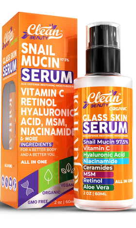 Clean Beauty Snail Mucin Serum front view with 30ml bottle