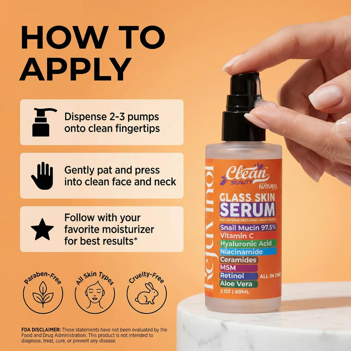 Clean Beauty Snail Mucin Serum packaging with Aloe Vera
