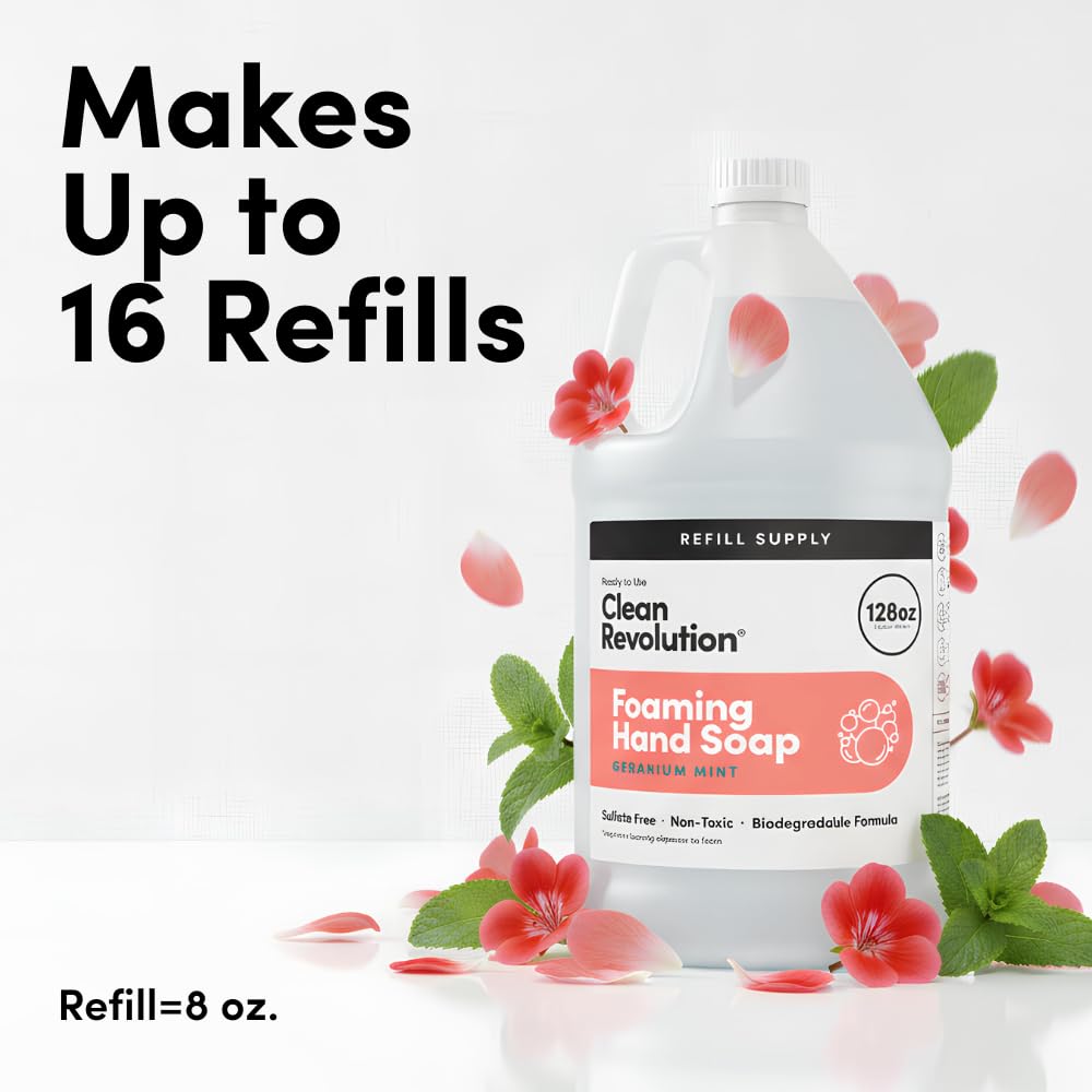 Clean Revolution Foaming Hand Soap Refill 128 Fl Oz Geranium Mint with pump dispenser