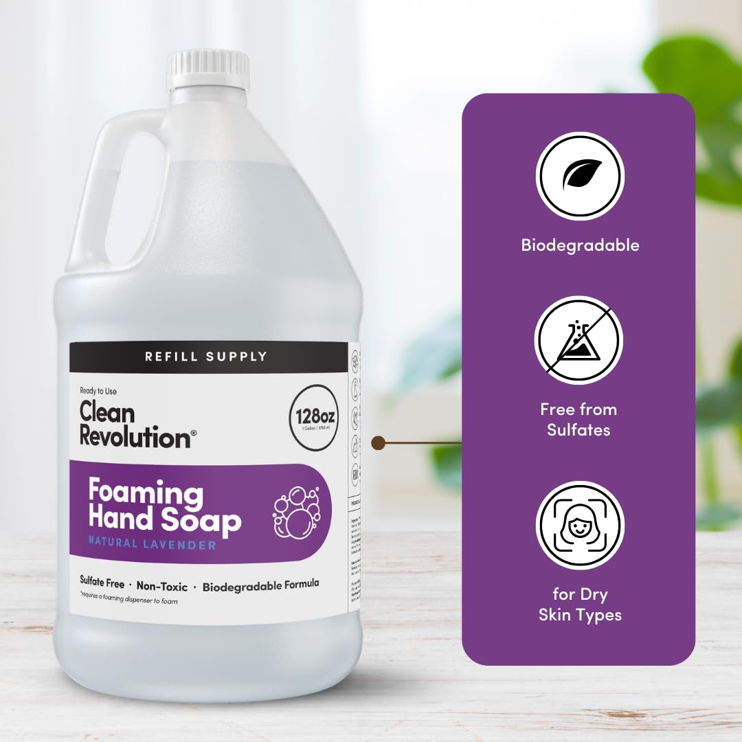 Clean Revolution Foaming Hand Soap Refill 128oz Natural Lavender in dispenser