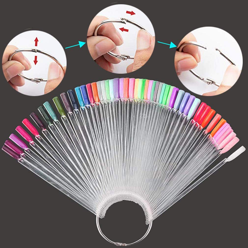 Clear nail swatch sticks displaying various nail polish colours