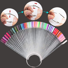Clear nail swatch sticks displaying various nail polish colours